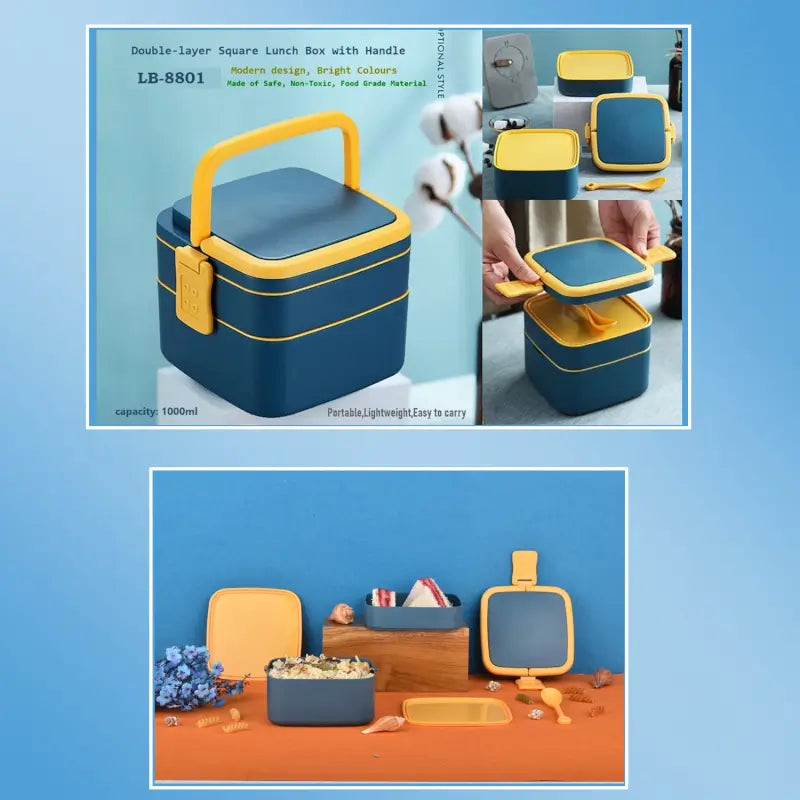 BLUE DOUBLE-LAYER PORTABLE LUNCH BOX